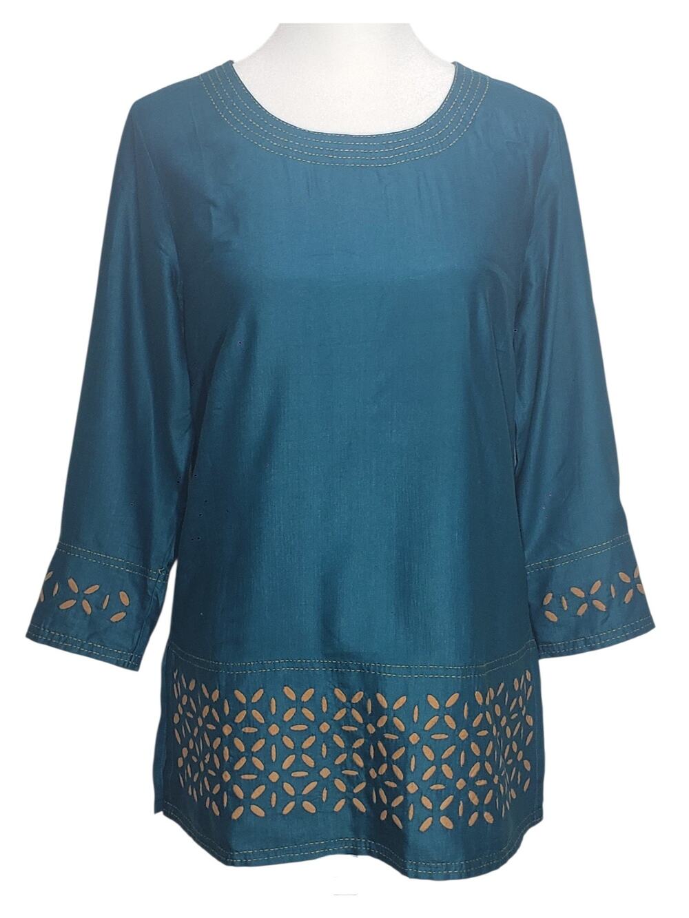 Fabindia Silk Blend Tunic Kurti Dress Womens Small Teal Green Embroidered Casual